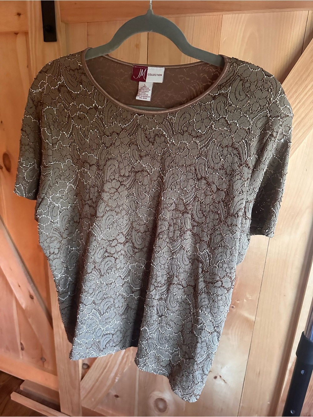 JM Collection Metallic Taupe Lace Short Sleeve Top